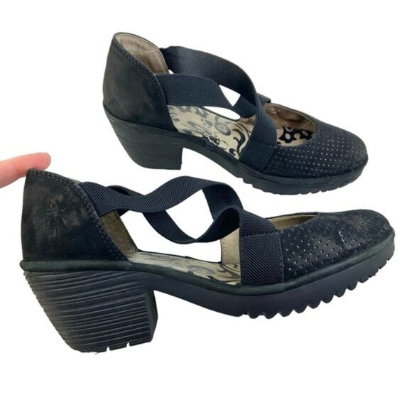 Fly London Black Perforated Suede Block Heel Sandals - Picture 4 of 8